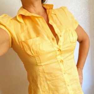 Yellow 100% Linen Button Down Short Slv Blouse
